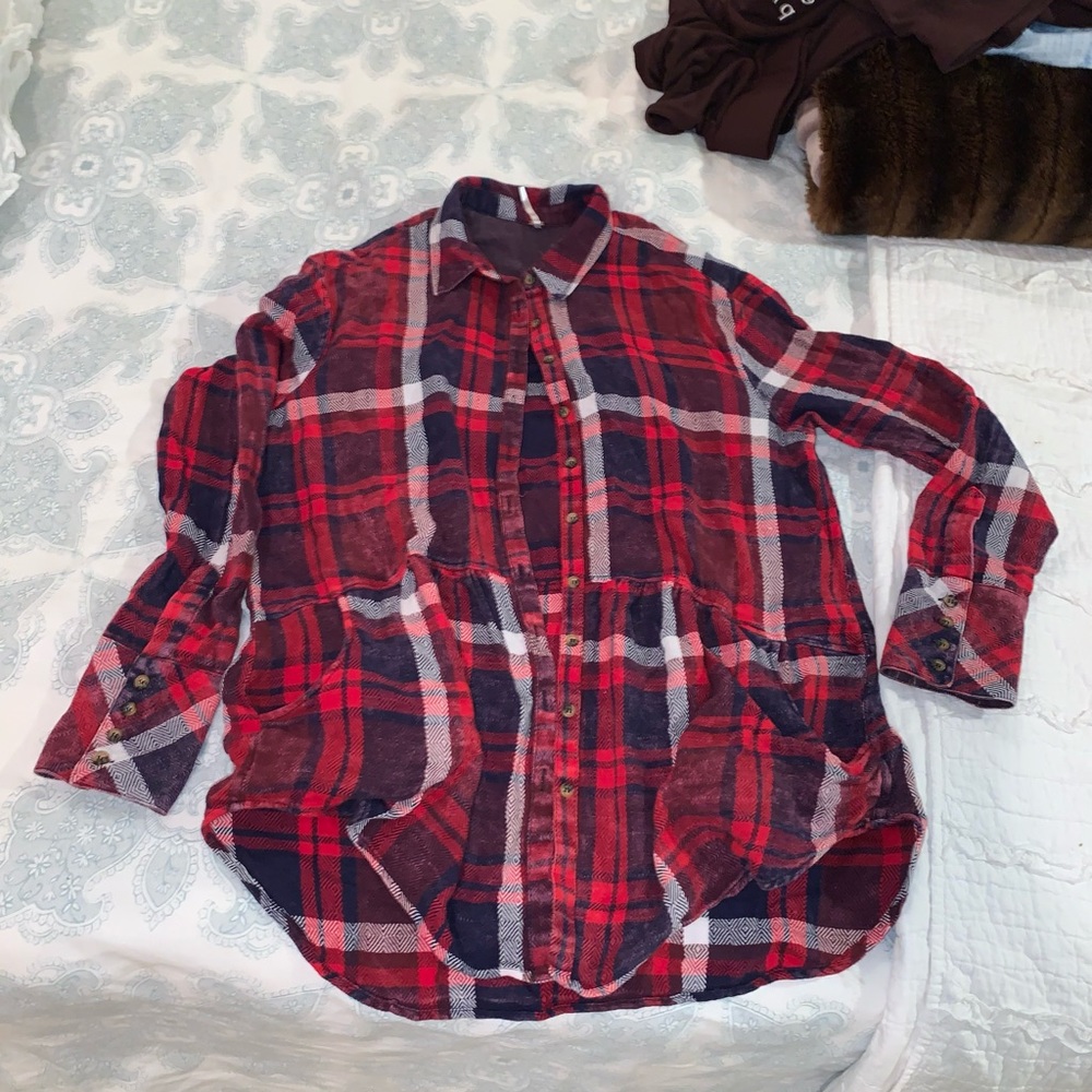 Free people red/ purple plaid button down flannel tunic top